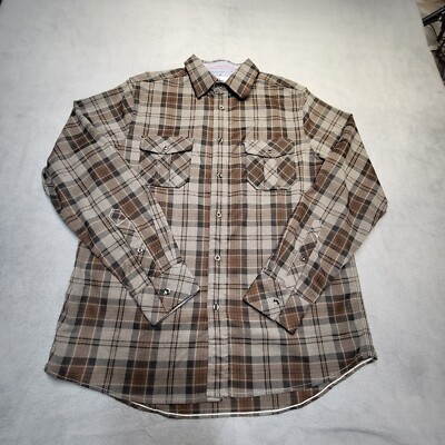 Vigoss Shirt Mens L Brown Plaid Button Up Long Sleeve Pockets