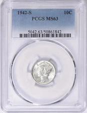 1942  -  S   MERCURY  DIME  -  PCGS  MS  63