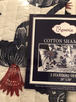 REVERIE FLORAL Standard Shams Set 20''x26'' ~ Navy and Red Flowers Off white new