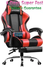 "GTPLAYER Gaming Chair - Red Faux Leather, Footrest, Lumbar Support, 360° Swivel