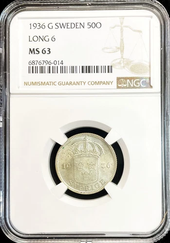 1936 G SILVER SWEDEN 50 ORE GUSTAF V COIN NGC MINT STATE 63 LONG 6 VARIETY