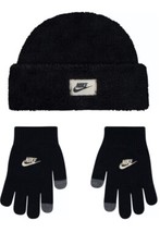 Nike YOUTH Sherpa Cozy Peak Beanie & Gloves Set Unisex One Size Black Winter New