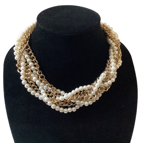 Collana tono oro e perle finte intrecciate dichiarazione vintage 17" - Foto 6 di 17