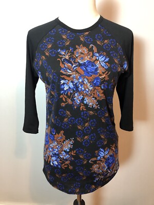 LuLaRoe Randy Top Women s XS Black Blue Floral Raglan 3/4 Sleeve Shirt