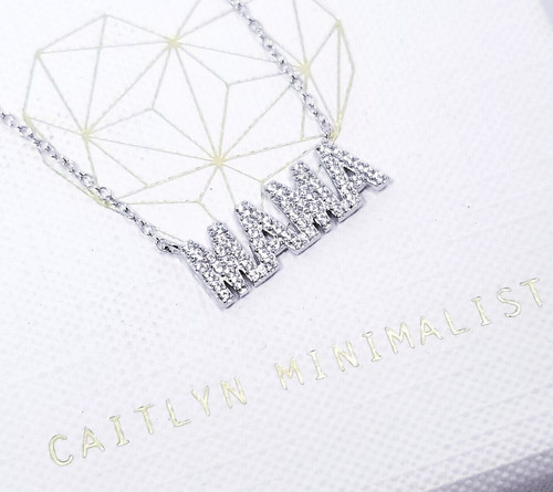Caitlyn Minimalist Pave Mama Block Necklace - Silver