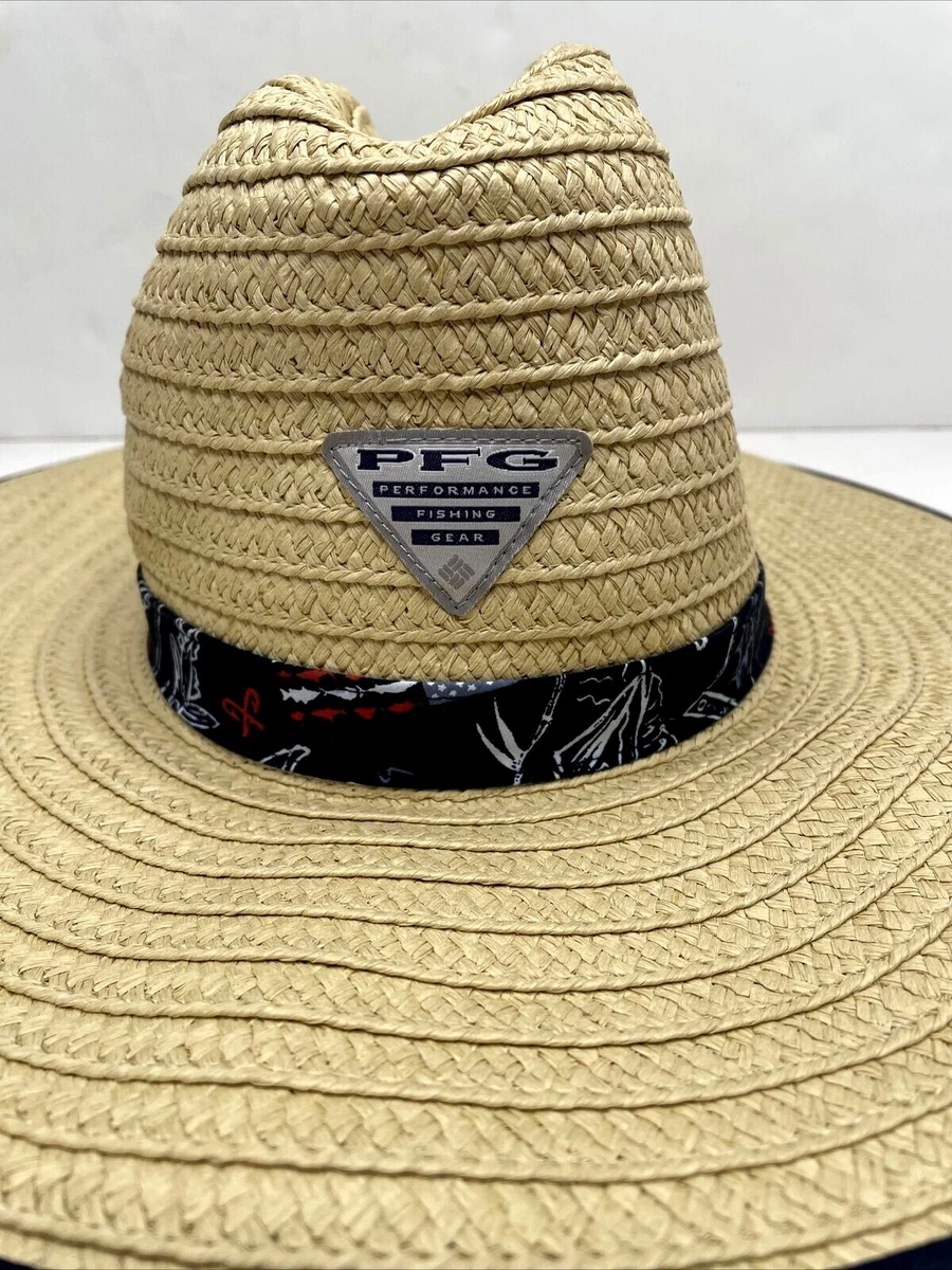 Columbia PFG Mens Straw Top Fabric Red Blue Flag Sun Hat ~ Size S/M EUC!