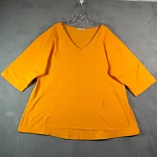 Bryn Walker Womens T Shirt M Orange VNeck 3/4 Sleeve Front Pocket Boxy Lagenlook