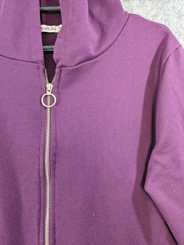 Chaqueta para mujer Z Avenue USA mediana púrpura tejida con capucha cremallera completa terciopelo volantes dobladillo Foto 2 de 4