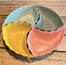 MCM Pottery Bowls Scalloped Edges Leaf Shaped 4-piece “puzzle” Serving Set