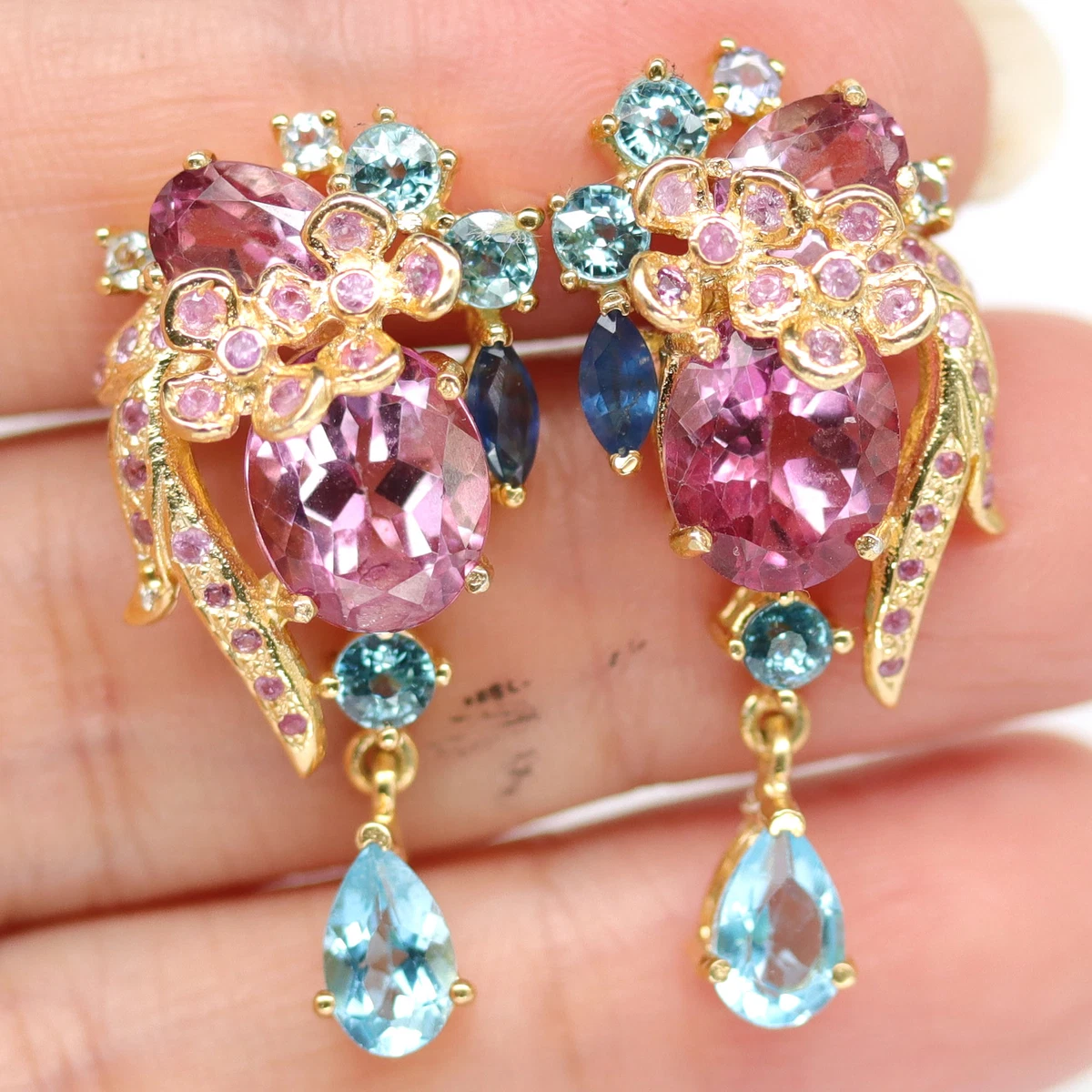 9X11mm. PINK MYSTIC WITH SWISS BLUE TOPAZ SAPPHIRE EARRINGS 925 SILVER