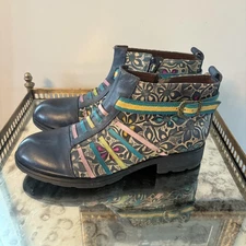 Socofy Shoes Womens Size 41 Blue Multicolor Ankle Boots Floral Cutout Zip Boho