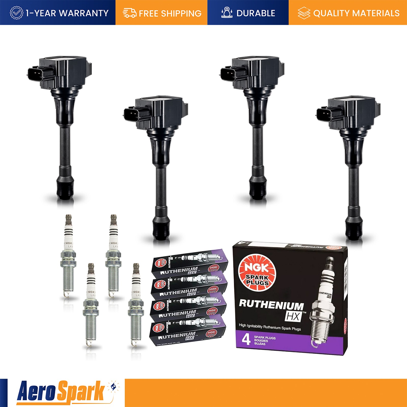 4 Ignition Coil  4 NGK Ruthenium Spark Plug for 2007-2011 Nissan Versa 1.8L l4