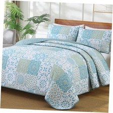 Patchwork Quilt Set Size Boho Summer Bedspreads Coverlet Set, Queen Aqua Blue