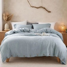 Dusty Blue Pure Linen Duvet Cover  2 Pillowcases Bedding Set Farmhouse Decor.