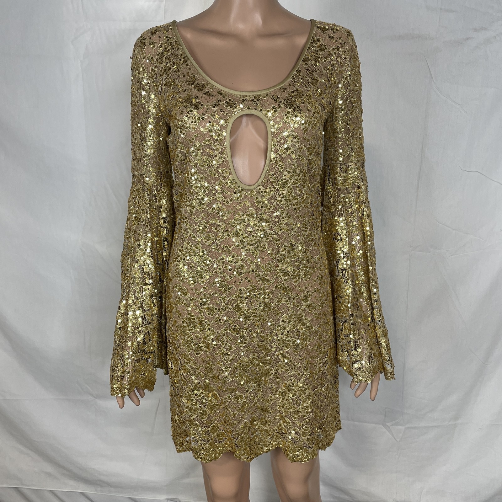 Michael Kors Women's Dress Lace Sequined Bell Sleeve Mini Size 2 Gold