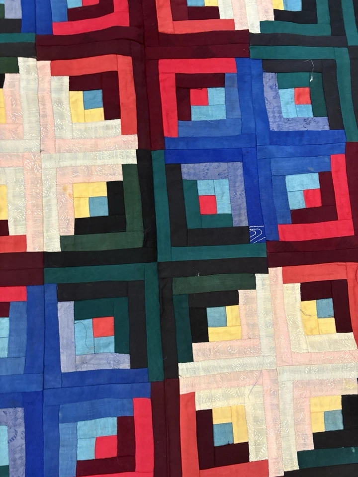 Vintage Log Cabin Hand Stitched Handmade Patchwork Quilt Top 45 x 69” - Image 2 of 4