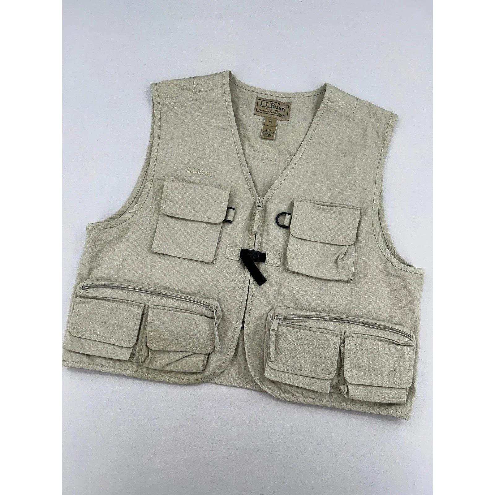 Men's LL Bean Mens Utility Fishing Vest Khaki Tan Ripstop Multi-Pocket Sz L