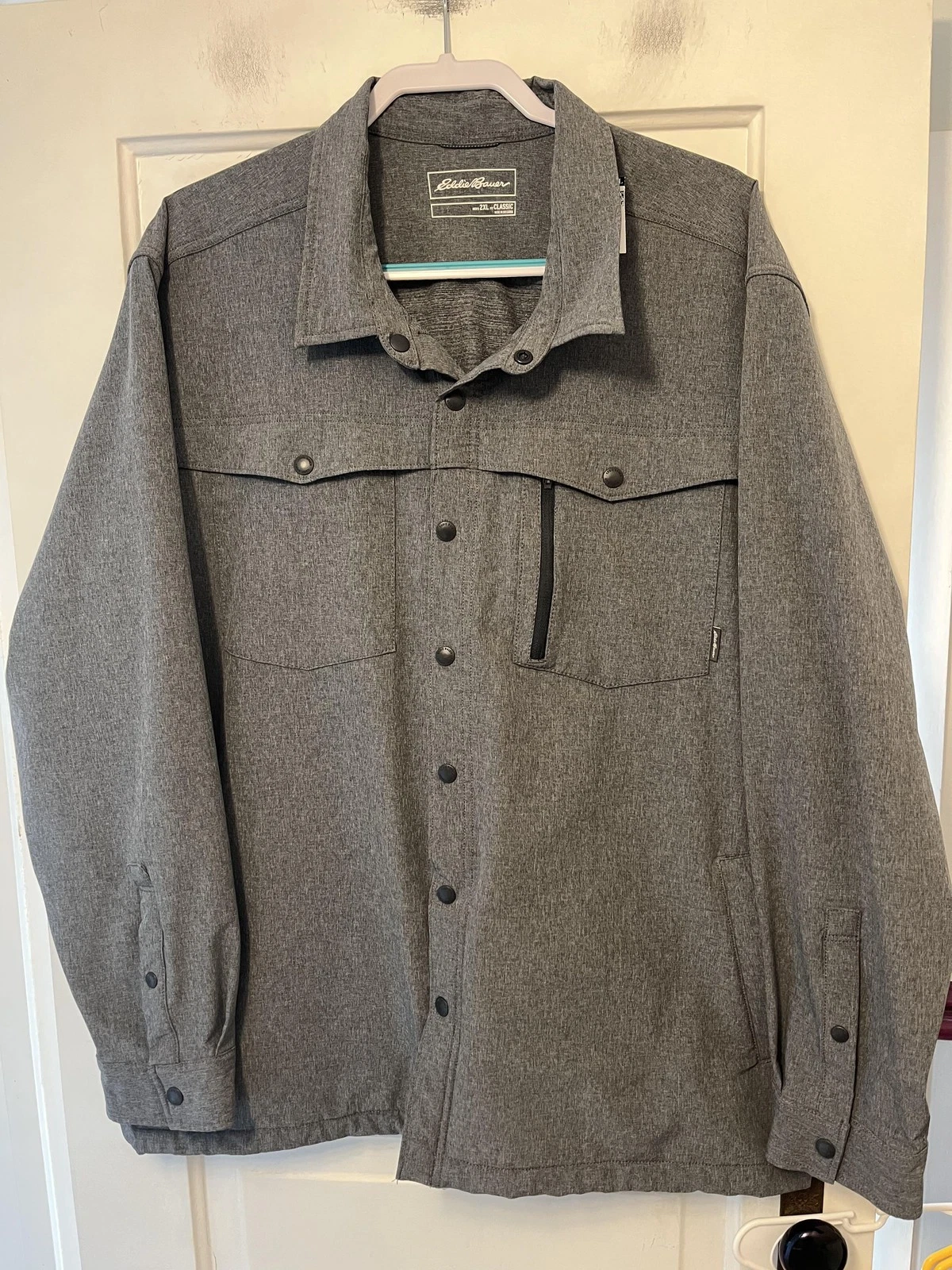 Eddie Bauer Jacket Mens 2XL Gray Softshell Snap Front Lined Windbreaker Stretch
