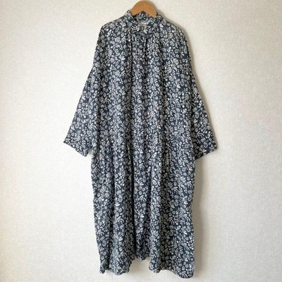 ICHI Antiquites Linen Shirt Long Dress Collared Floral pattern Navy MINT