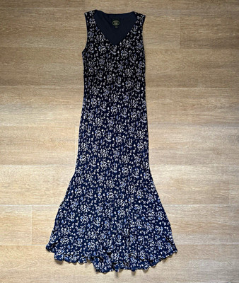 Vintage Laura Ashley Floral Maxi Dress 90s Sleeveless Navy Blue Cottagecore UK 1