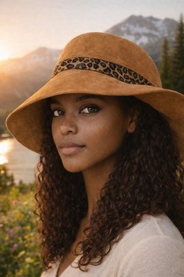 Justin & Taylor Sloane Leopard Trim Fedora Hat Caramel Floppy Brim