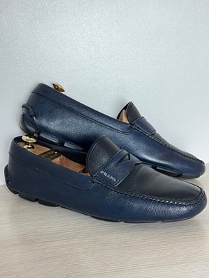 Prada 2DD001 Saffiano Leather Driving Loafers Navy Blue Black Size 9-9.5