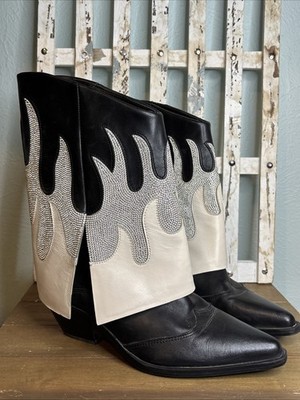 Gianni Bini Conley Two Western Rhinestone Black & Cream Flame Foldover  Women 6