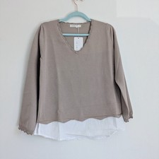 Scallop V Neck Fine Knit Jumper With Gold Thread Trim & Inner Shirt Hem UKL NWD