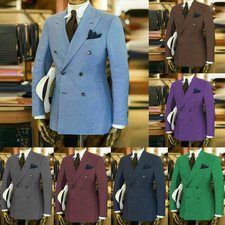 Linen Men's Suits Wide Peak Lapel Blazer Double Breasted Formal Wedding Tuexdos