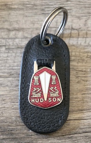 Vintage Hudson Motor Car Co Red Enamel Guilloche Leather Key Ring Fob