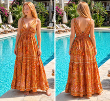 Women’s Boho Paisley Maxi Dress | Sleeveless V-Neck Long Beach Dress (Free SIZE)