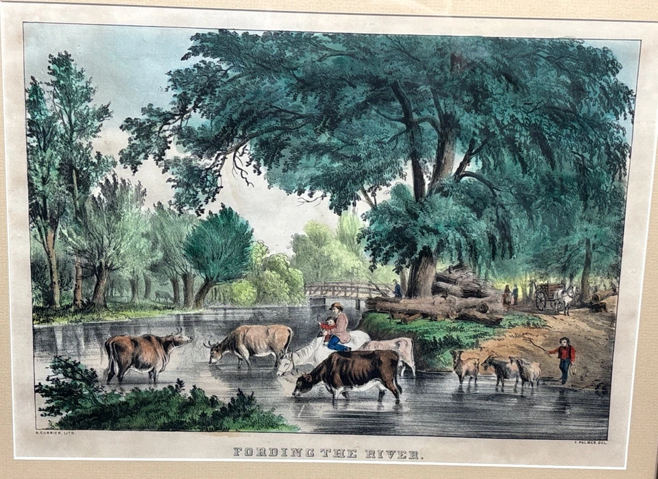 Antique Original Nathaniel Currier Fording the River Lithograph c.1848-56 Framed - Image 3 of 4