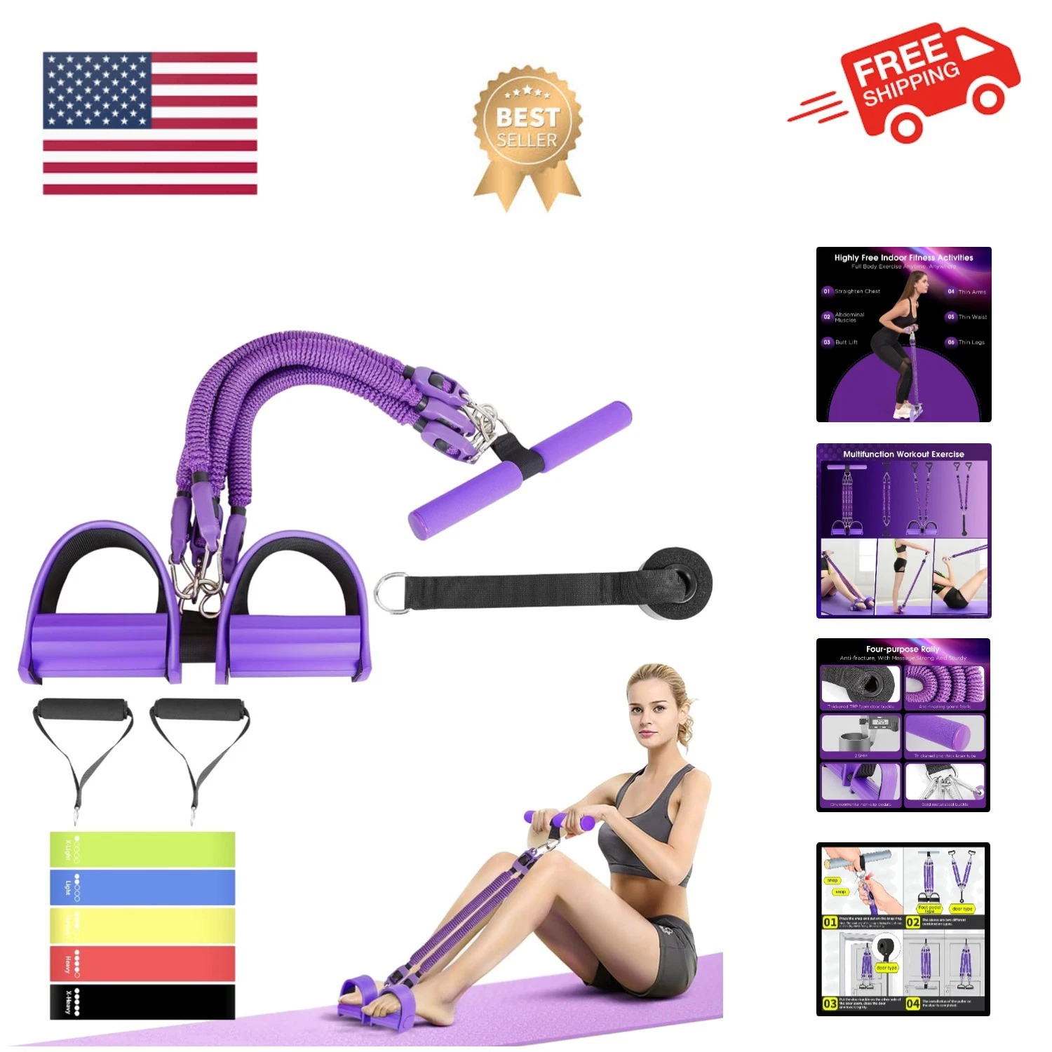 2025 Upgrade Pedal Resistance Band,4-Tube Elastic Sit Up Pull Rope for Men an...
