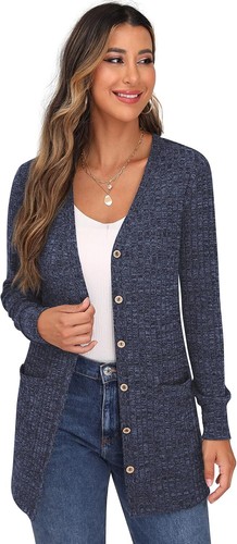 GRECERELLE Women's Long Sleeve Open Front Cardigan Button Down Ribbed Lightweigh - Picture 2 of 44