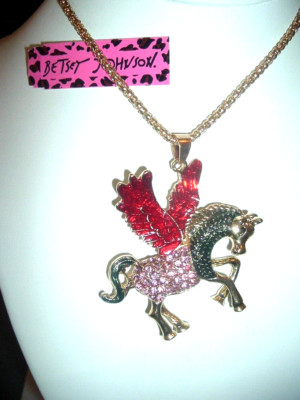 Betsey Johnson Multicolor PEGASUS WINGED HORSE Pave PINK Crystal Gold NECKLACE