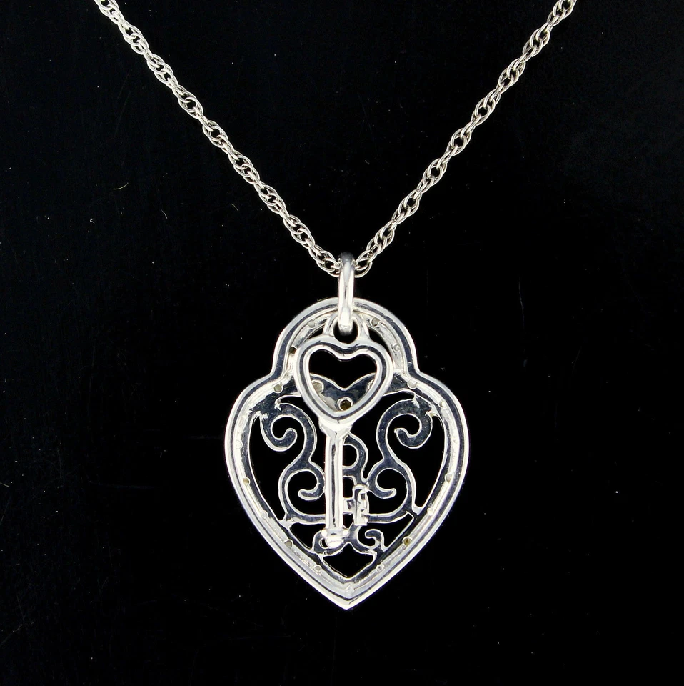 Collar Colgante Llave Corazón Amarillo Diamante Real Chapado en Oro Blanco 14K Esterlg 18" Foto 3 de 4