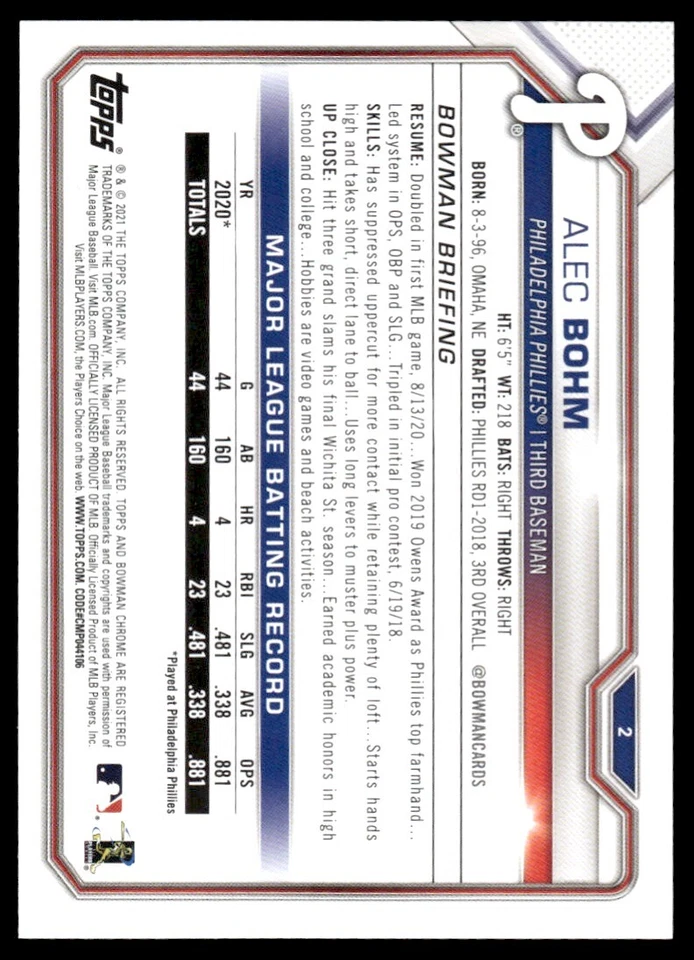2020 Bowman 1990 Alec Bohm Philadelphia Phillies #90B-AB R105 - Image 2 of 2