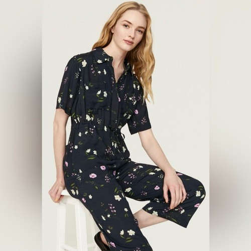 THAKOON Collared Jumpsuit Size 2 Navy Floral Lightweight Crop Straight Leg Boho - Picture 3 of 12