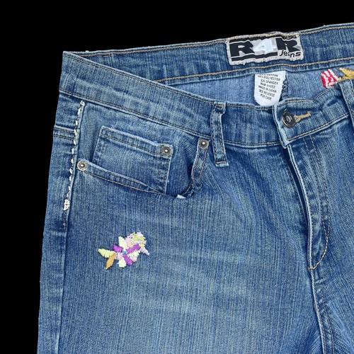 R4R Rave Floral Embroidered Cropped Wider Leg Straight Jeans Sz 32/15 Hippie - Picture 4 of 12