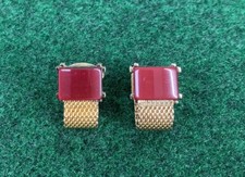 Vintage Swank Red Lucite Stone With Gold-Tone Mesh Wrap Around Cufflinks