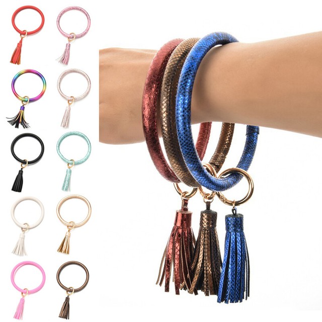 Wristlet Round Key Ring Chain Boho Bracelet Bangle Keychain Holder