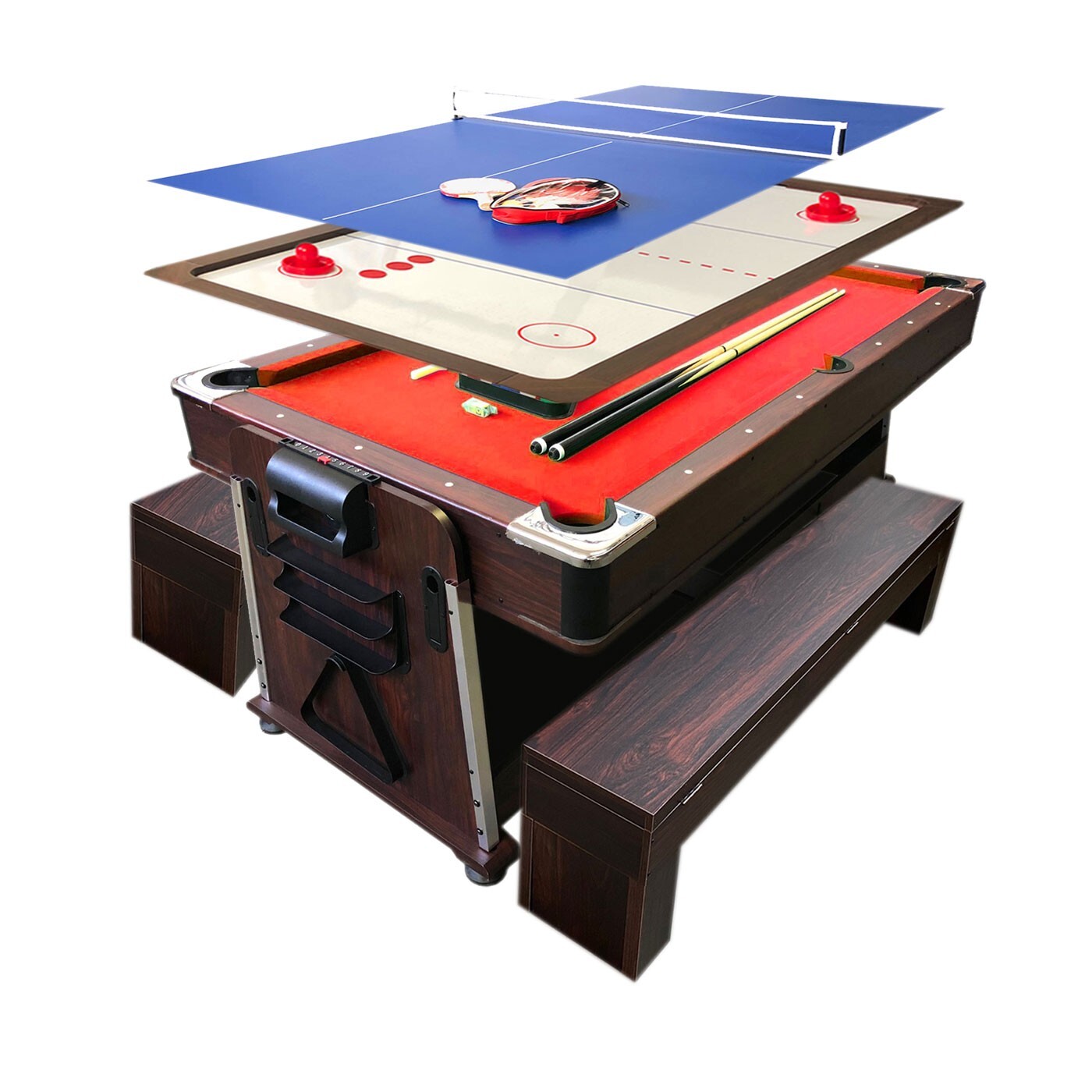 TAVOLO DA BILIARDO 7FT MATTEW ROSSO +PANCHE+AIR HOCKEY+PING PONG+DIVENTA TAVOLO