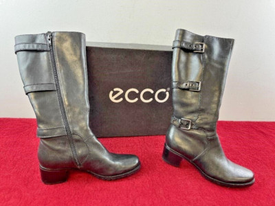 Ecco Womens Tall High Black Zip Leather Boots Heels Sz 7.5 Riding Grunge Buckle