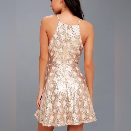 Lulus NWT Dancing Lights Rose Gold Sequin Skater Dress XS - Picture 5 of 11