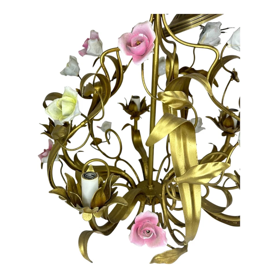 Candelabro vintage francês metal dourado porcelana rosas - Imagem 4 de 4