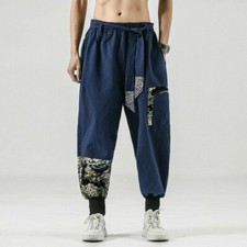 Men Chinese Kung Fu Pants Tai Chi Harem Bottoms Trousers Lace Up Wushu Art Loose