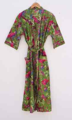 Indian Bird Printed 100% Cotton Robe Long Kimono Sleepwear Night Kimono Dress