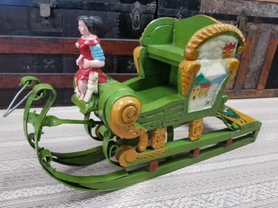 Wood Carved Sleigh Sled Folk Art Rare Antique C1880-1900s Austrian German Iron