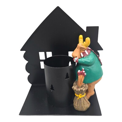 Metal Moose Candle Holder House Scene Resin Holiday Winter Cabin Felt Bottom
