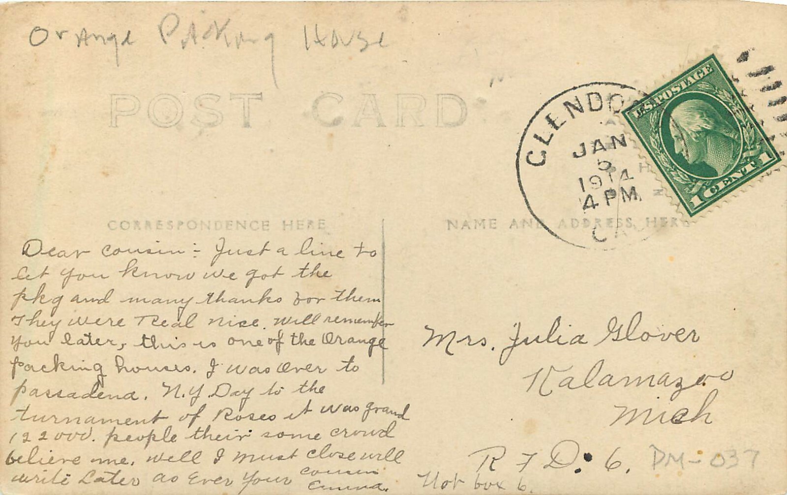 RPPC Postcard Orange Packing House Glendora CA Citrus Fruit Packing Cub